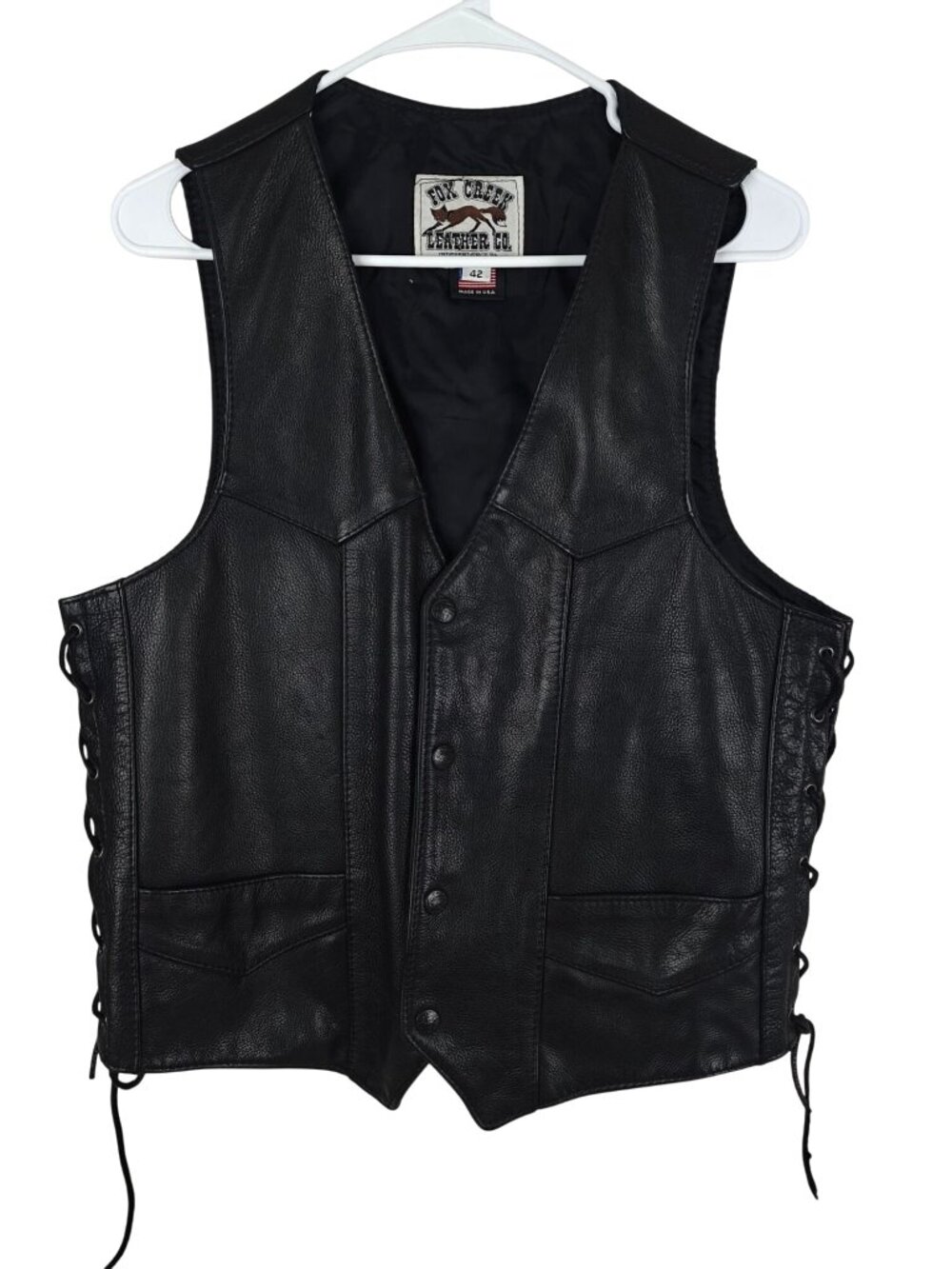 VTG Fox Creek Men's Leather Vest Black Size 42 Genuine Leather Button-Up Lacing
